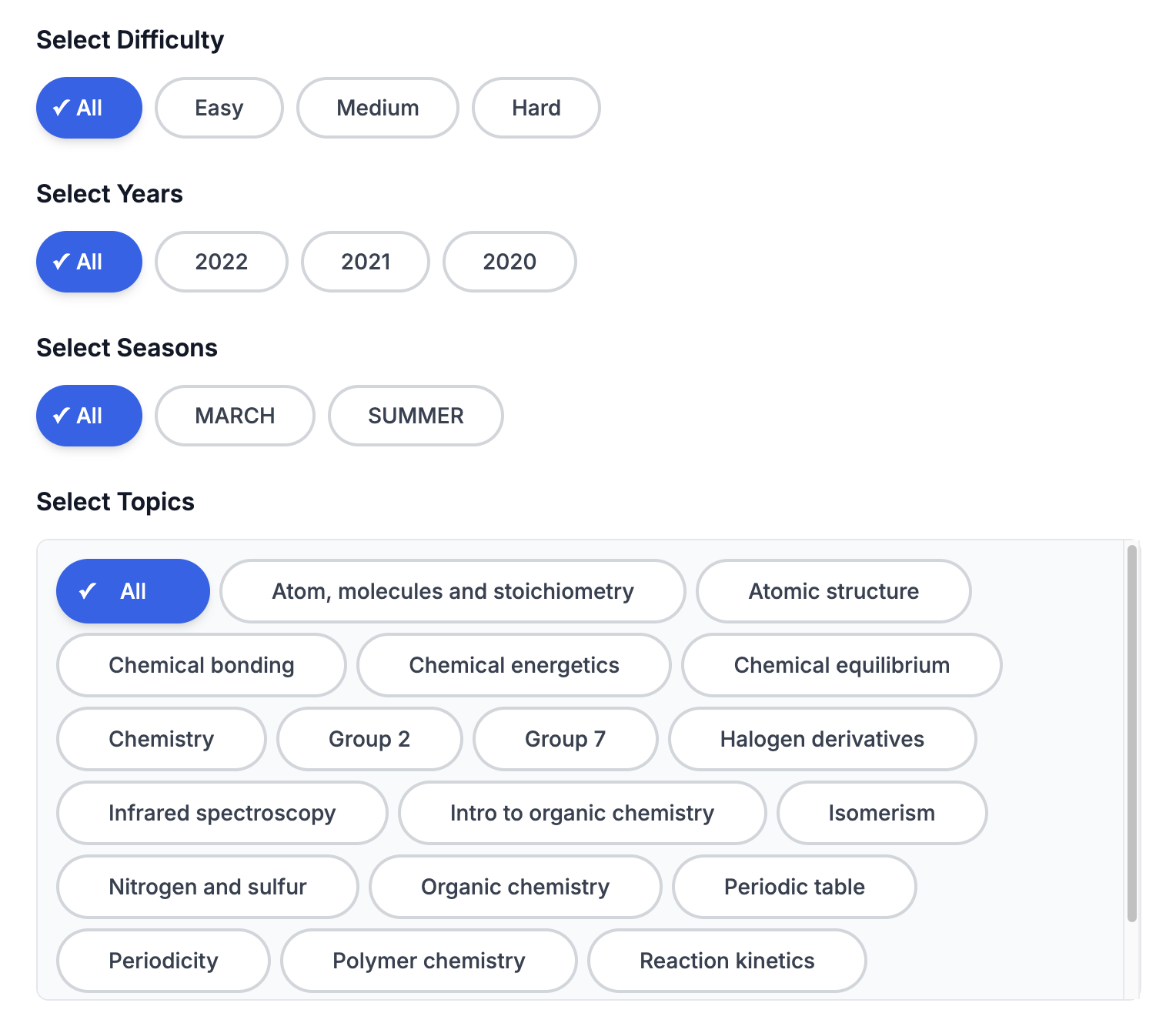 Paper Generation options shows Difficulty, Years, Seasons and Topics.