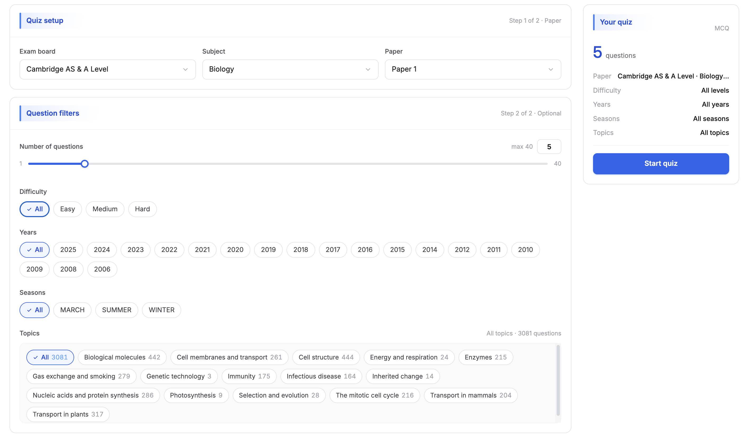 Filtering quiz questions by topics, difficulty, years and count