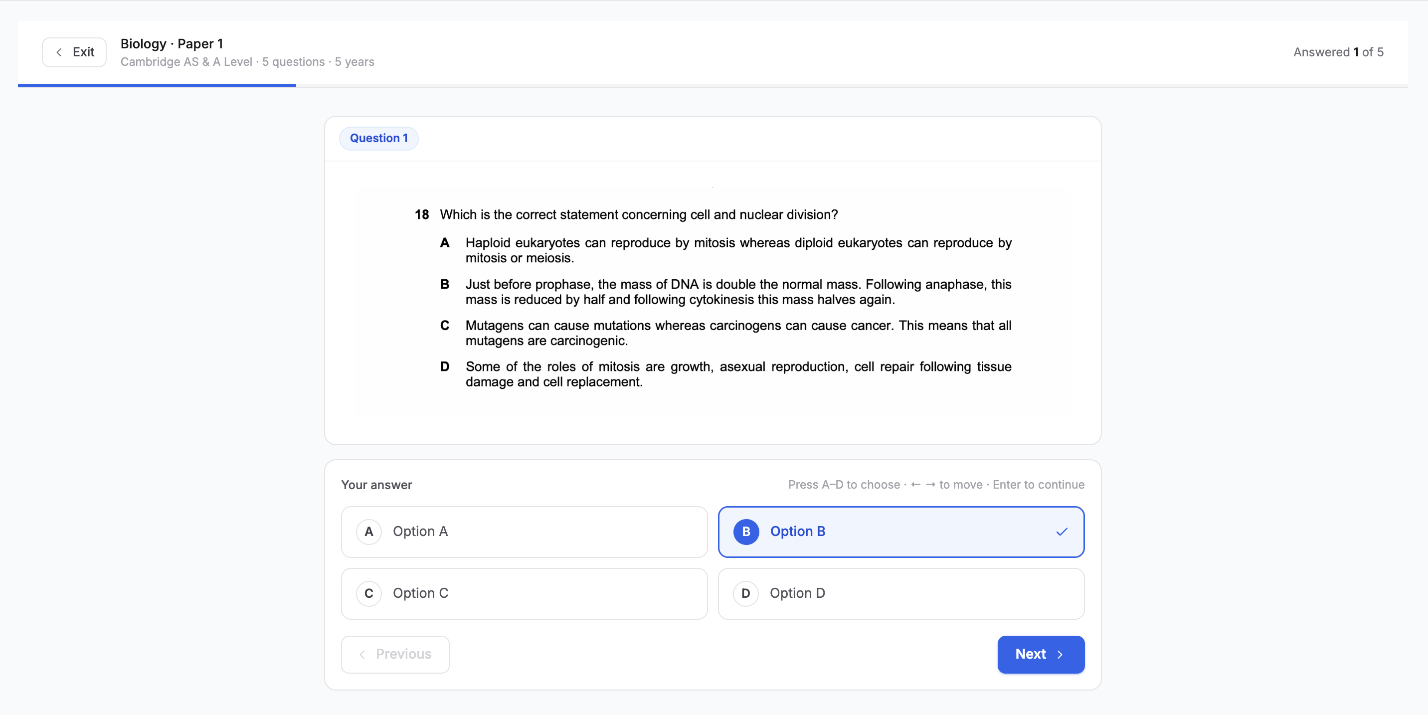 Exam-style quiz interface with keyboard shortcuts