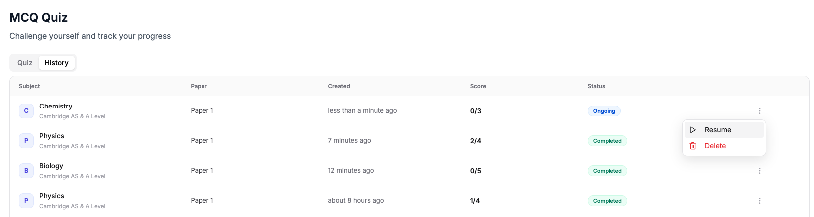 Quiz History showing past and unfinished attempts