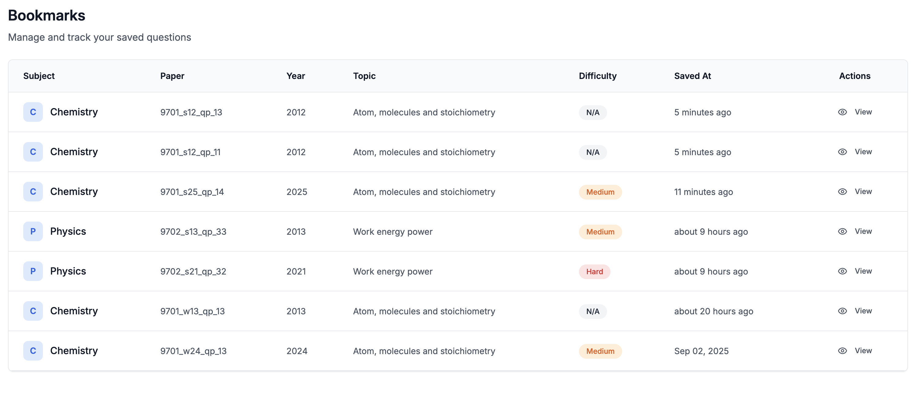 Question bookmarks and activity history
