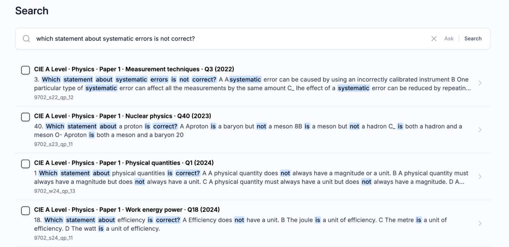 Searching by question text